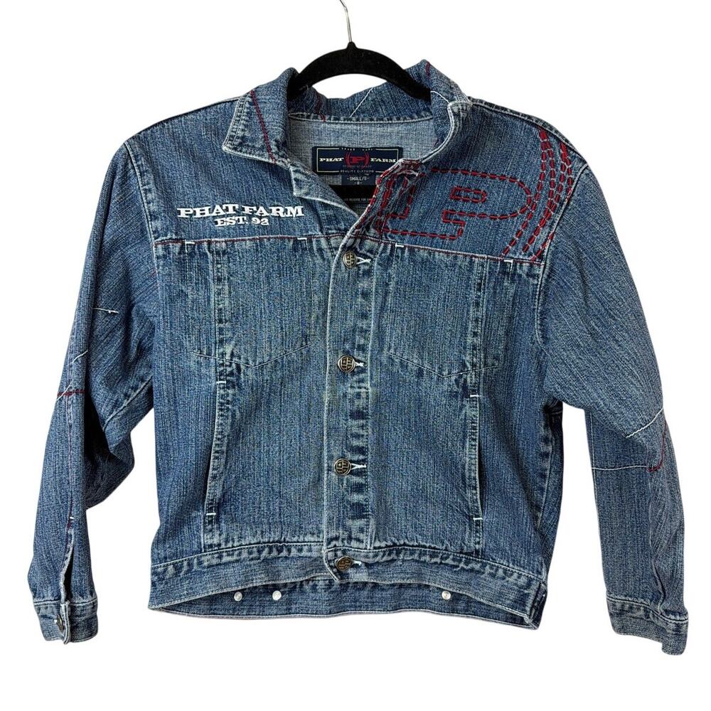 Vintage 90's Embroidered Back Phat Farm Blue Cropped Denim Jacket Size S
